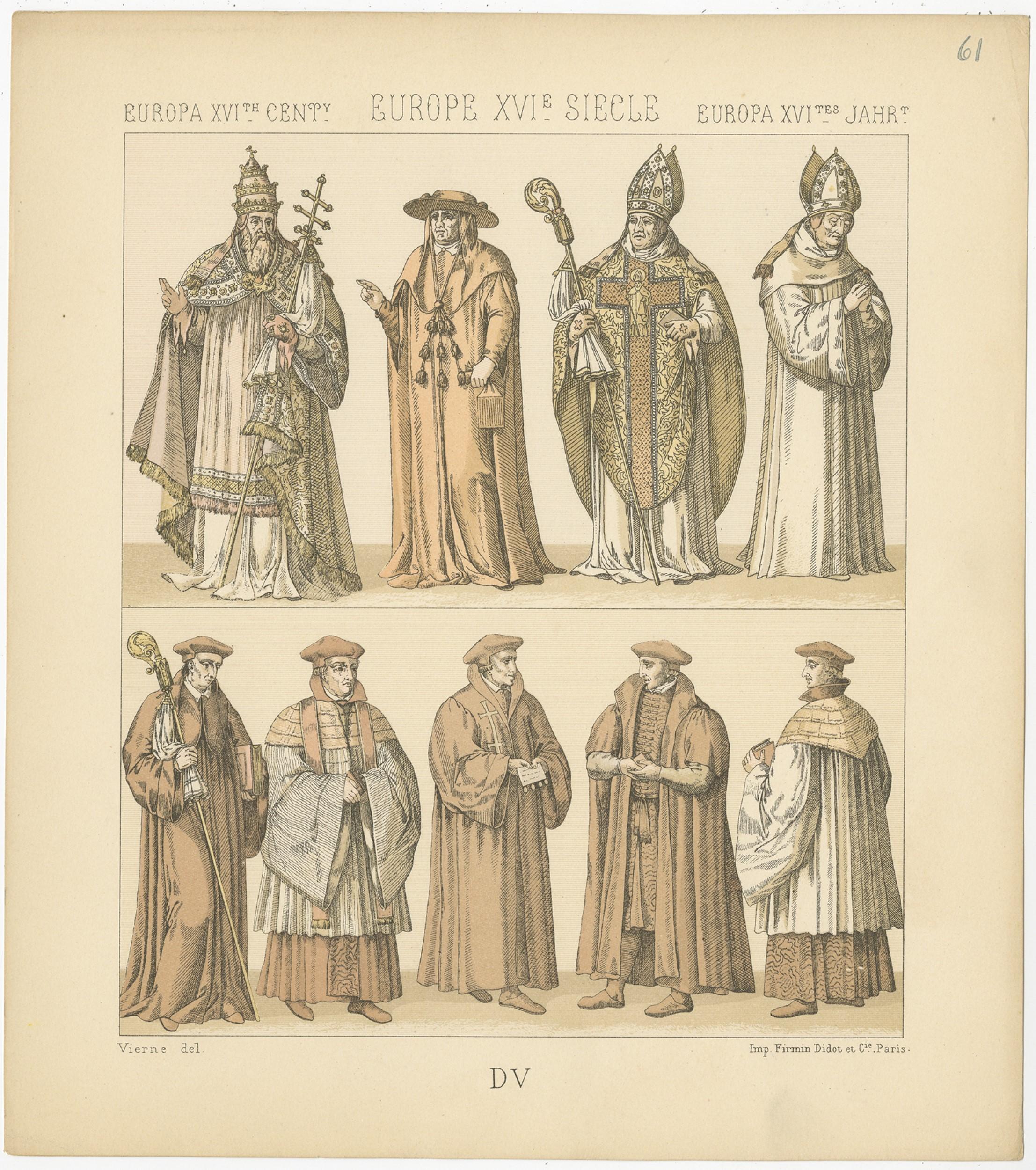 XIXe siècle Impression ancienne de costumes européennes du XVIe siècle Pl. 61 par Racinet, vers 1880 en vente