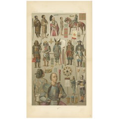 Pl. 61 Antique Print of Japanese Battle Outfits by Racinet, 'circa 1880'