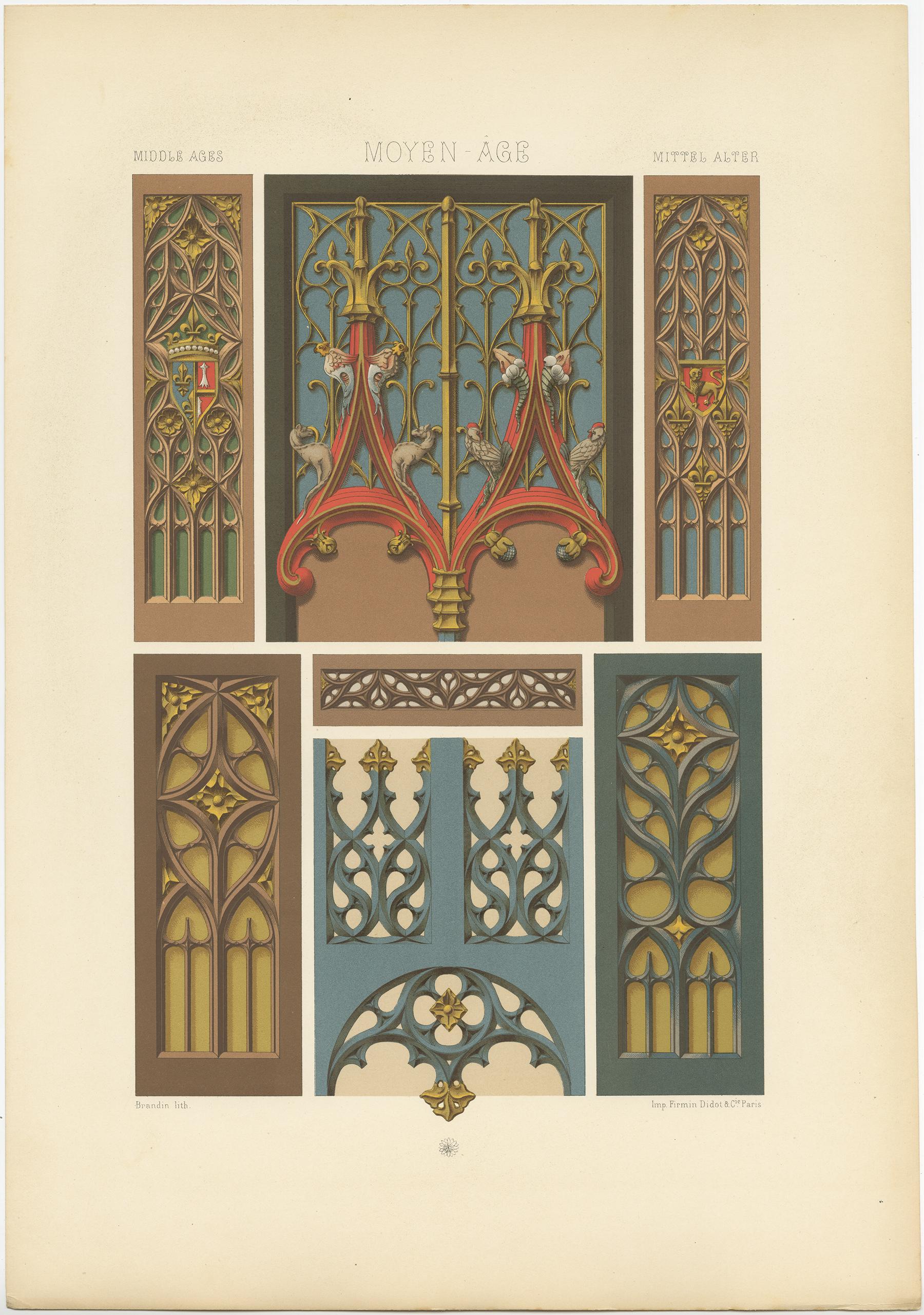 Antique print titled 'Middle Ages - Moyen Age - Mittel Alter'. Chromolithograph of painted and gilt woodwork 15th century ornaments.
This print originates from 'l'Ornement Polychrome' by Auguste Racinet. Published, circa 1890.