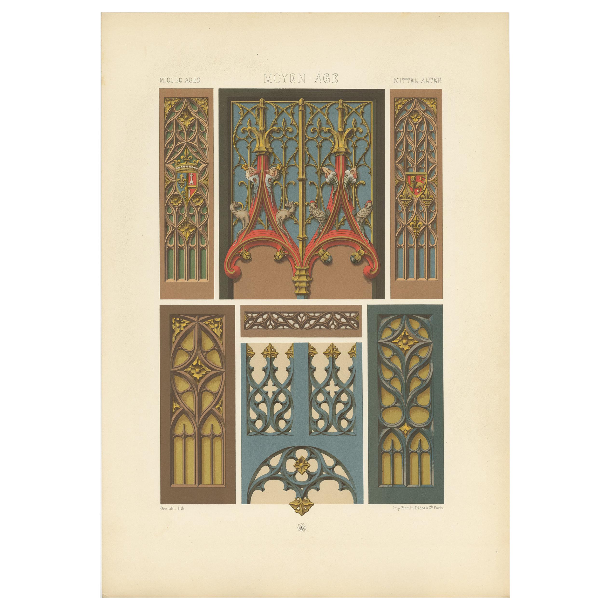 Pl. 61 Antique Print of Middle Ages Painted & Gilt Woodwork, Racinet, circa 1890 For Sale