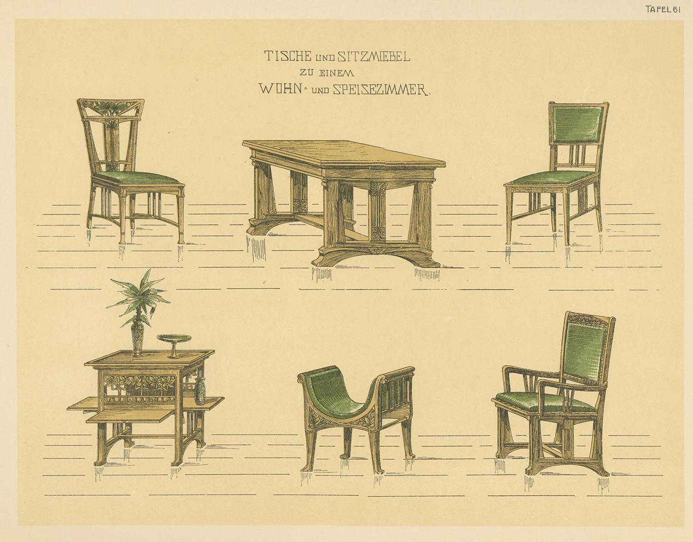 Antique print titled 'Tische u. Sitzmoebel zu einem Wohn- und Speisezimmer'. Lithograph of tables and chairs. This print originates from 'Det Moderna Hemmet' by Johannes Kramer. Published by Ferdinand Hey'l, circa 1910.