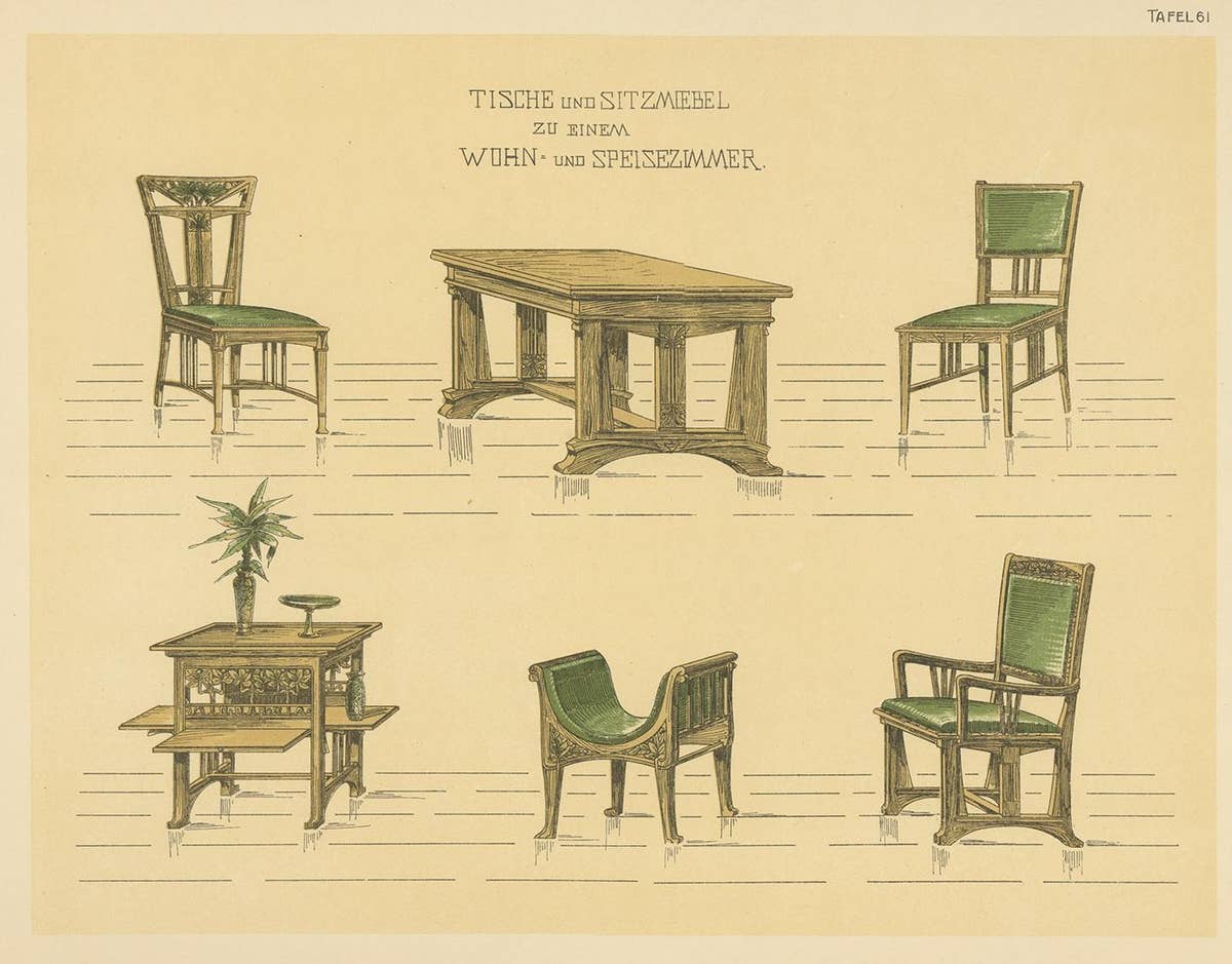Pl 61 Antique Print of Tables and Chairs by Kramer, 'circa 1910'