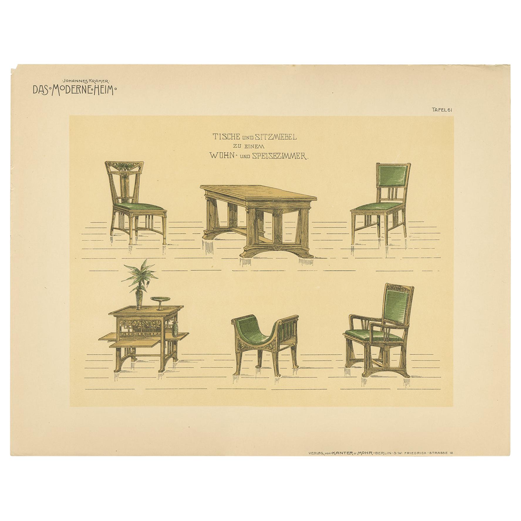 Pl 61 Antique Print of Tables and Chairs by Kramer, 'circa 1910' For Sale