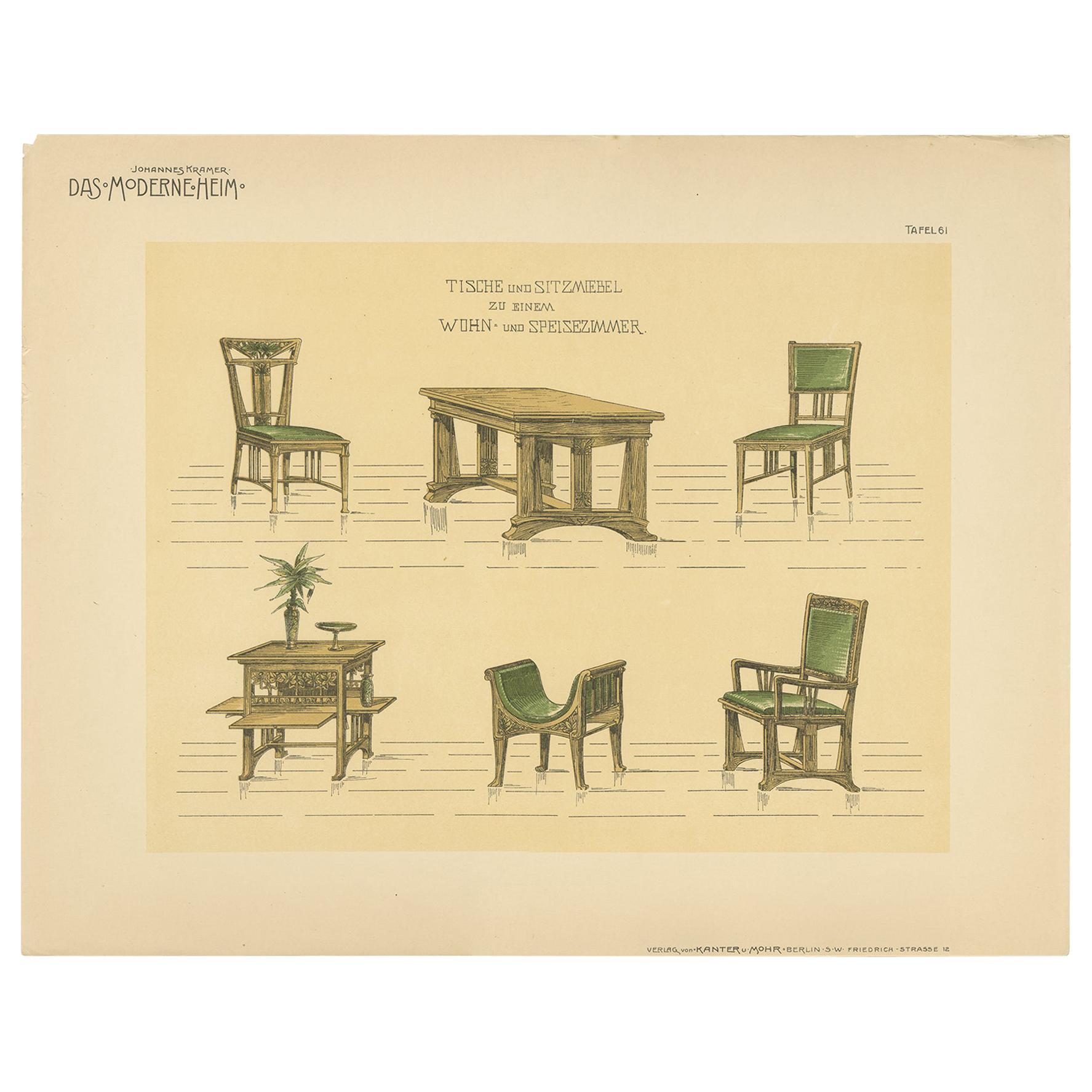 Impression ancienne de tables et de chaises par Kramer, pl. 61, vers 1910