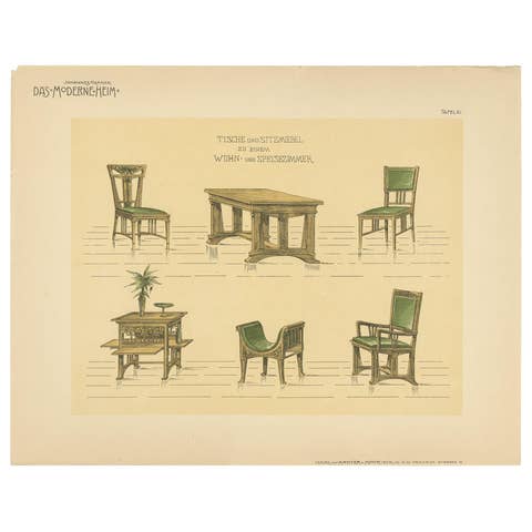 Pl 61 Antique Print of Tables and Chairs by Kramer, 'circa 1910'
