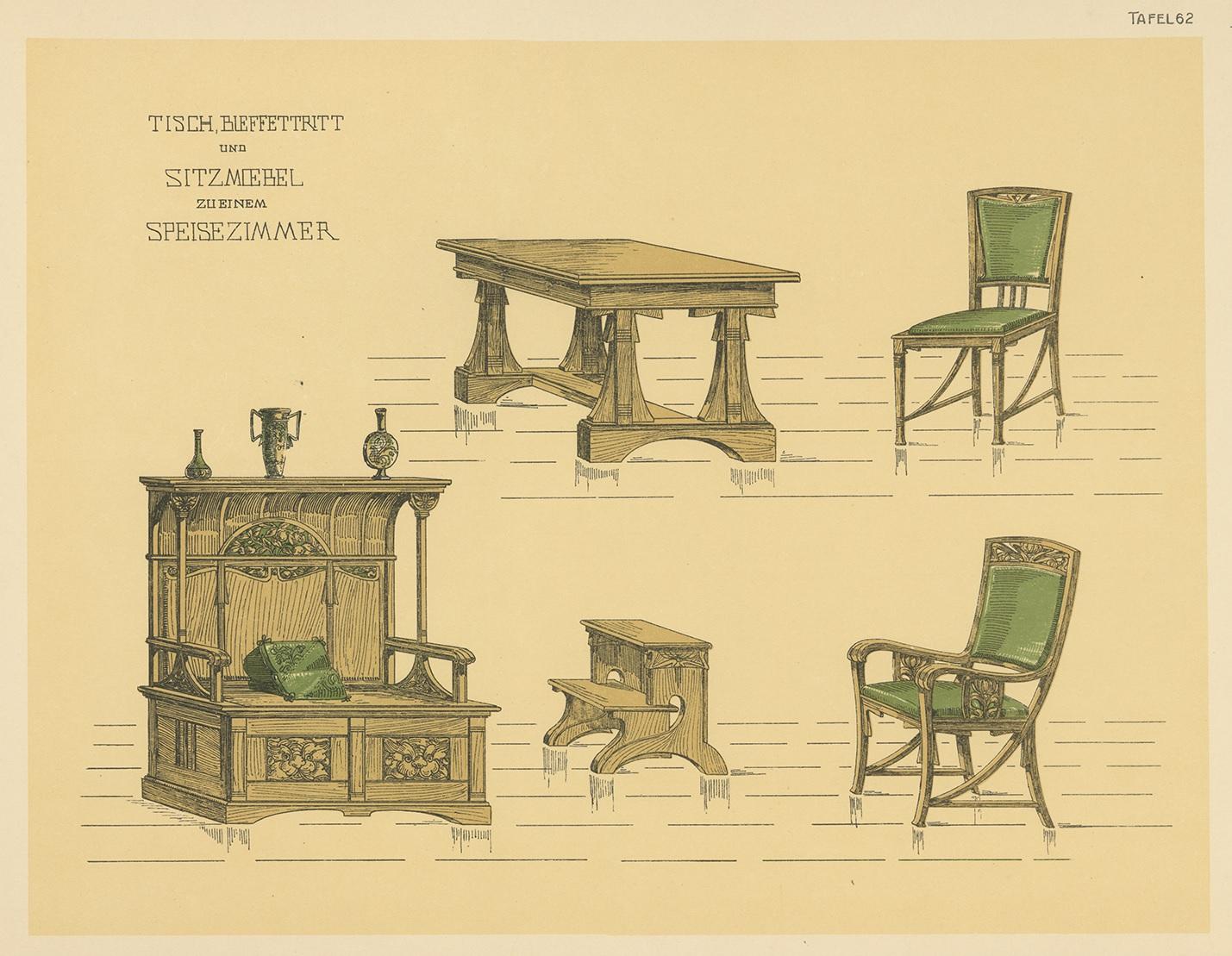 Antique print titled 'Tisch, Bueffettritt und Sitzmoebel zu einem Speisezimmer'. Lithograph of dining room furniture. This print originates from 'Det Moderna Hemmet' by Johannes Kramer. Published by Ferdinand Hey'l, circa 1910.