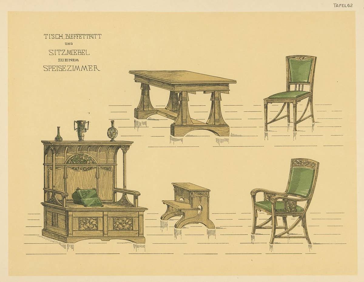 Pl. 62 Antique Print of Dining Room Furniture by Kramer, circa 1910