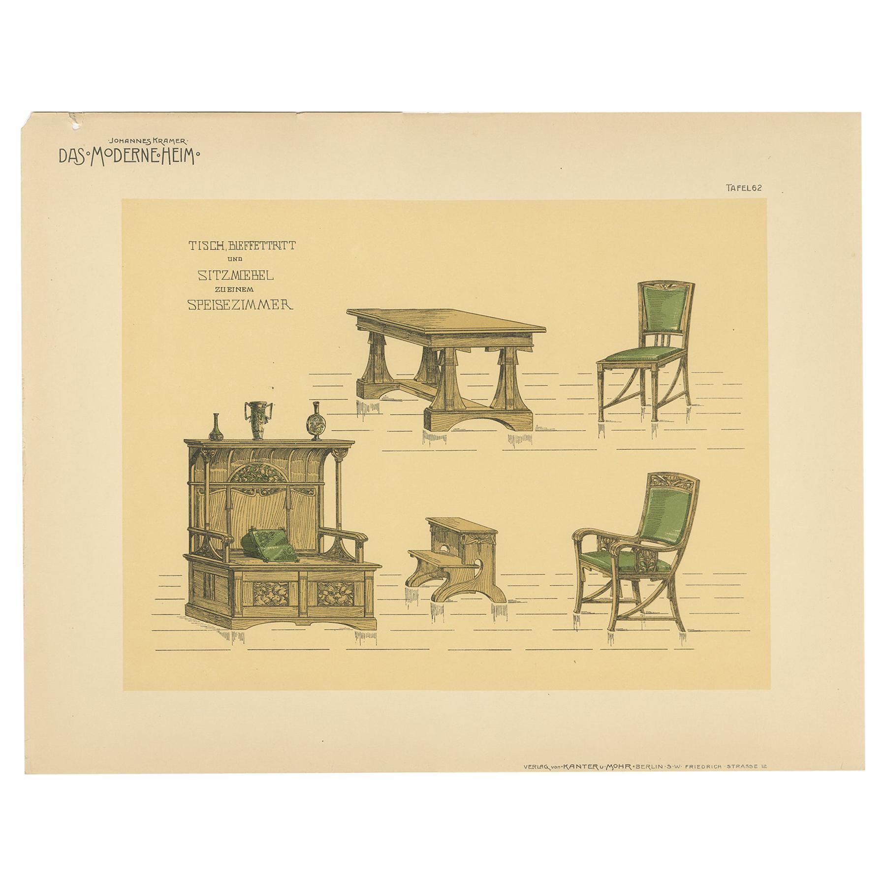 Pl. 62 Grabado antiguo de muebles de comedor de Kramer, hacia 1910 en venta