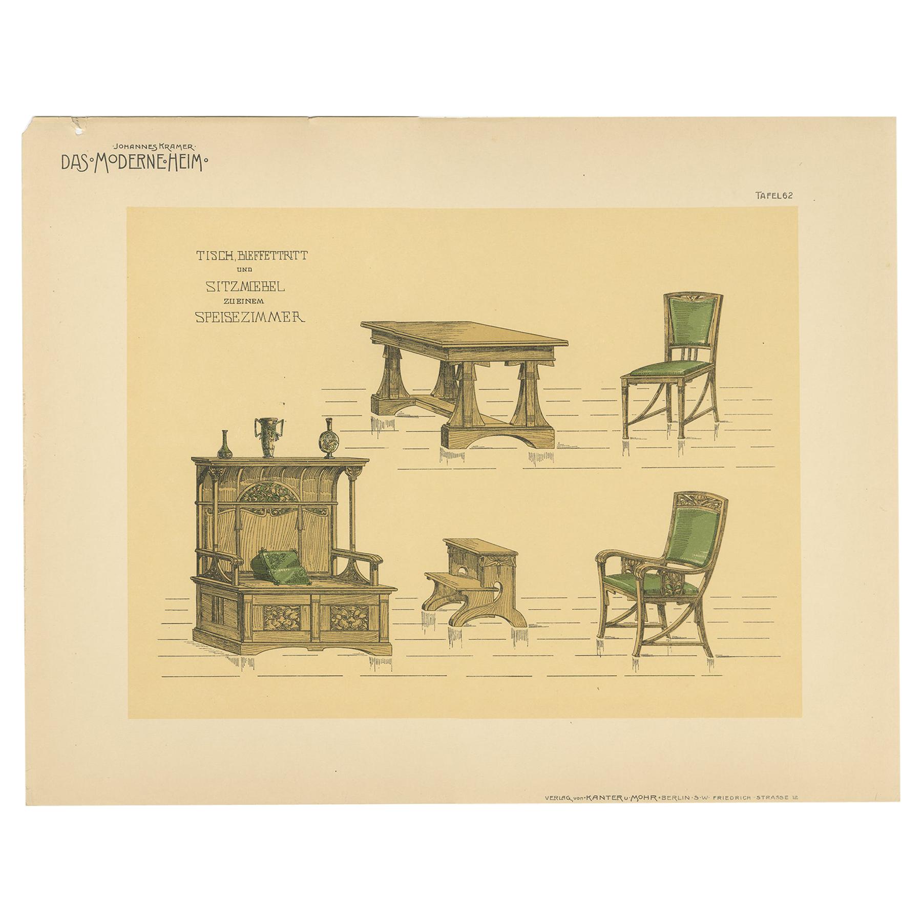 Pl. 62 Antique Print of Dining Room Furniture by Kramer, circa 1910 For Sale