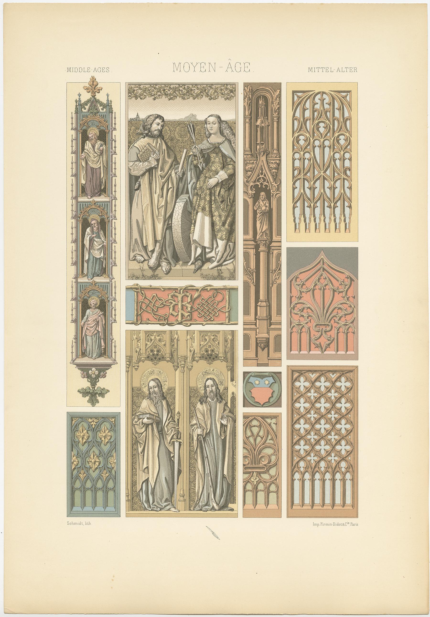Antique print titled 'Middle Ages - Moyen Age - Mittel Alter'. Chromolithograph of motifs from woodwork, manuscripts and votive paintings ornaments.
This print originates from 'l'Ornement Polychrome' by Auguste Racinet. Published circa 1890.
