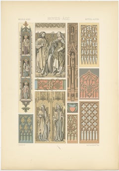 Pl. 62 Antique Print of Middle Ages Motifs from Woodwork by Racinet 'circa 1890'