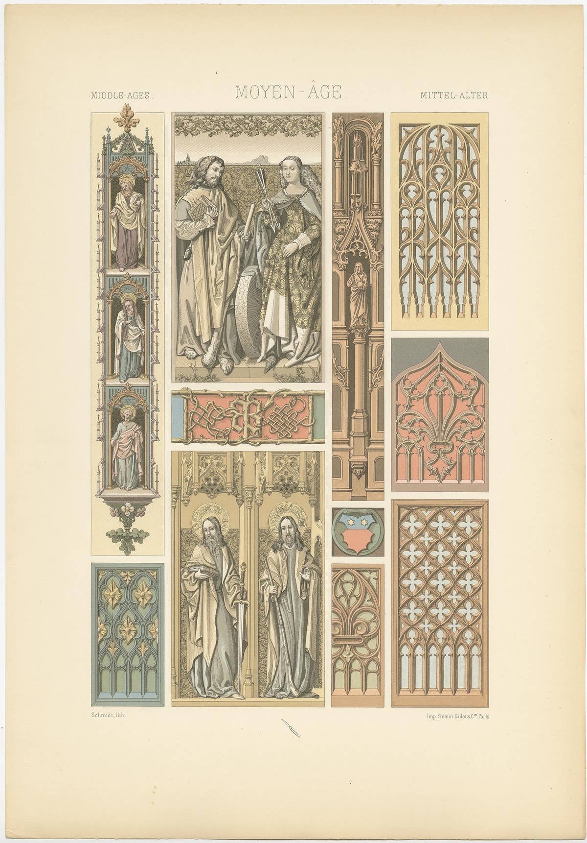 Pl. 62 Antique Print of Middle Ages Motifs from Woodwork by Racinet 'circa 1890'
