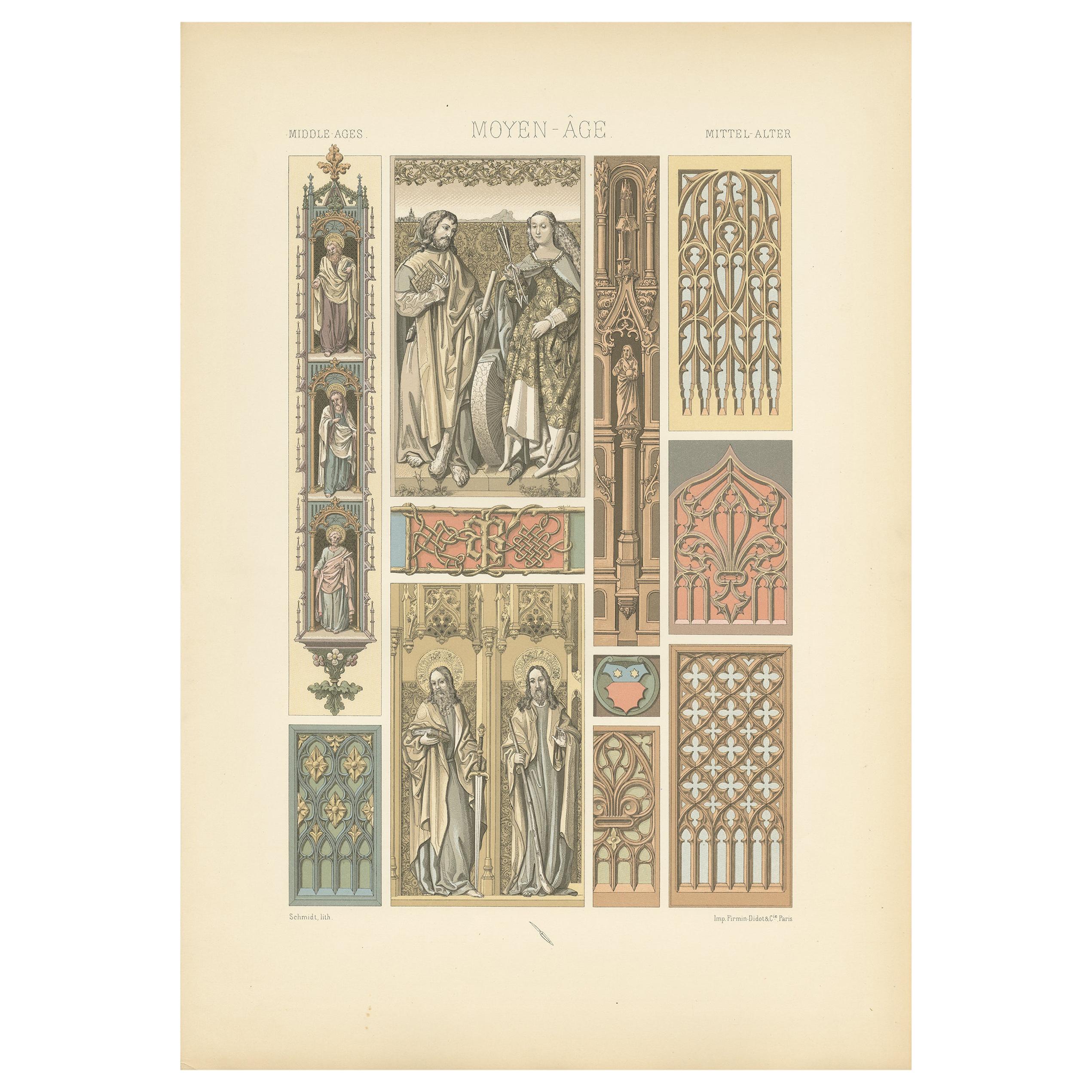 Pl. 62 Antique Print of Middle Ages Motifs from Woodwork by Racinet 'circa 1890' For Sale