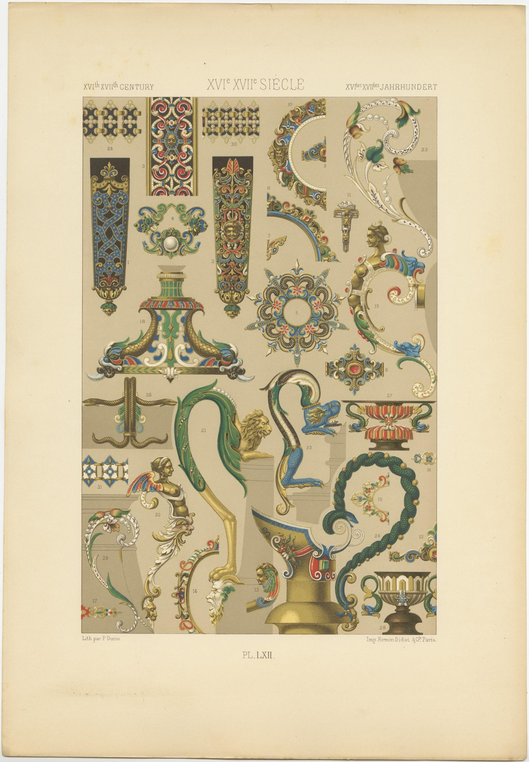 Antique print titled 'XVIth XVIIth Century - XVIth XVIIth Siecle - XVIth XVIIth Jahrundert'. Chromolithograph of 16th-17th century ornaments and decorative arts. This print originates from 'l'Ornement Polychrome' by Auguste Racinet. Published, circa