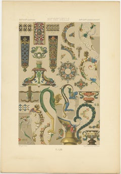 Pl. 62 Stampa antica di ornamenti del XVI-XVII secolo di Racinet, "circa 1890".