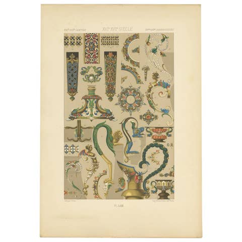 Pl. 62 Antique Print of 16th-17th Century Ornaments by Racinet, 'circa 1890'