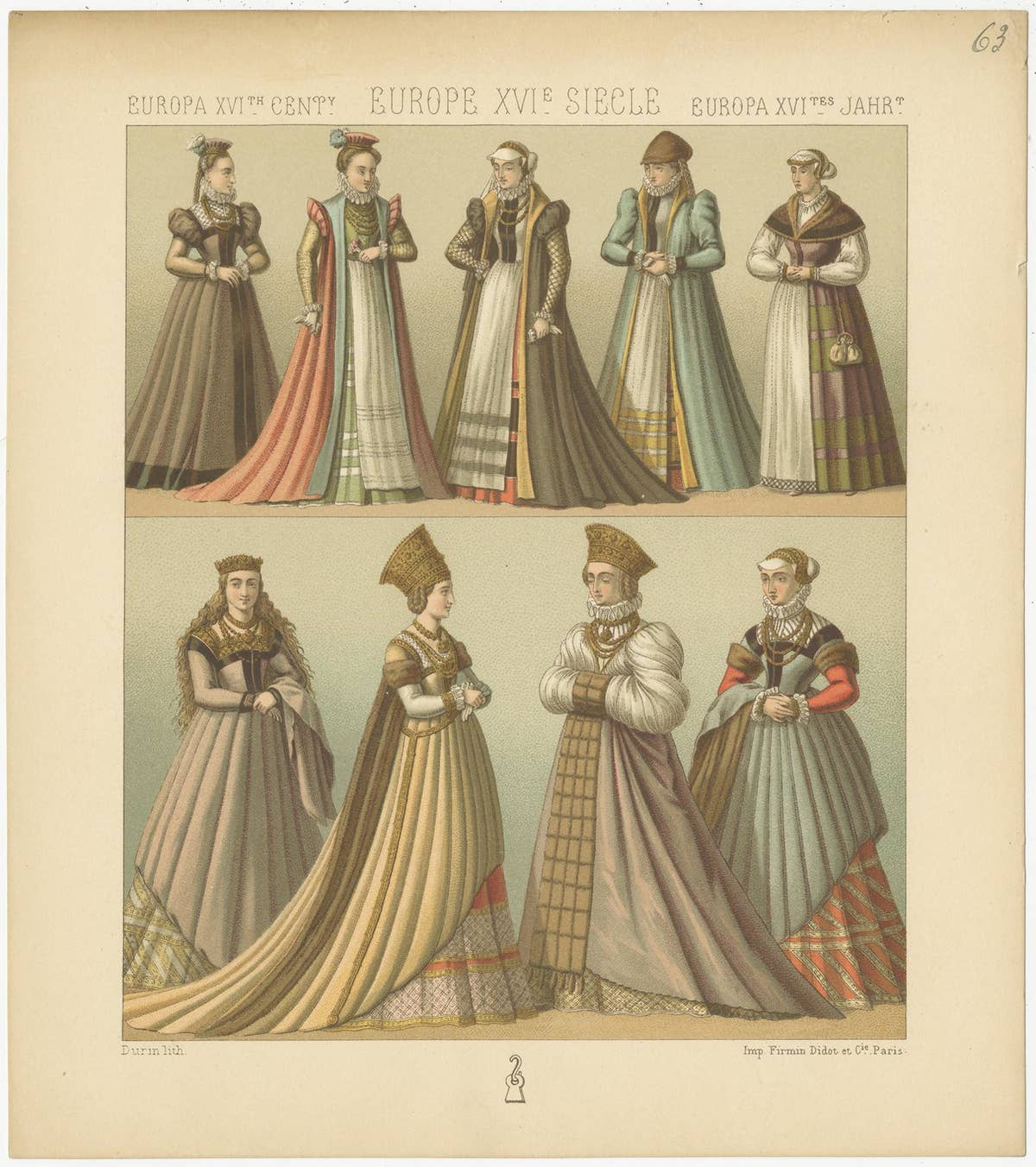 Pl. 63 Antique Print of European 16th Century Costumes by Racinet, circa 1880