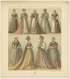 Pl. 63 Antique Print of European 16th Century Costumes by Racinet, circa 1880