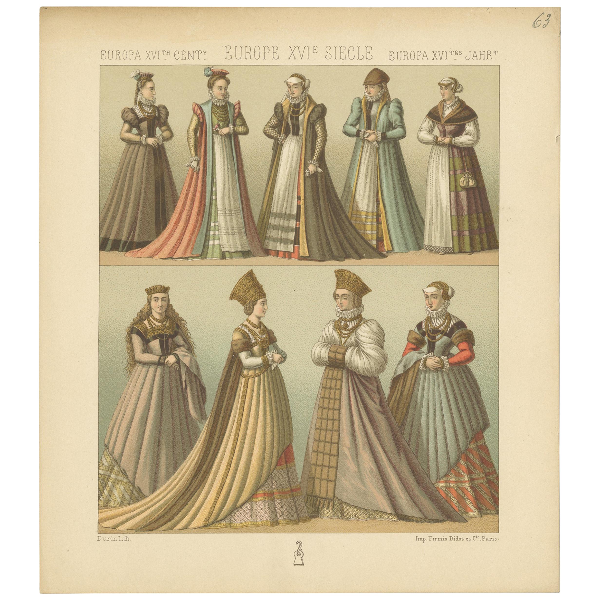 Pl. 63 Antique Print of European 16th Century Costumes by Racinet, circa 1880