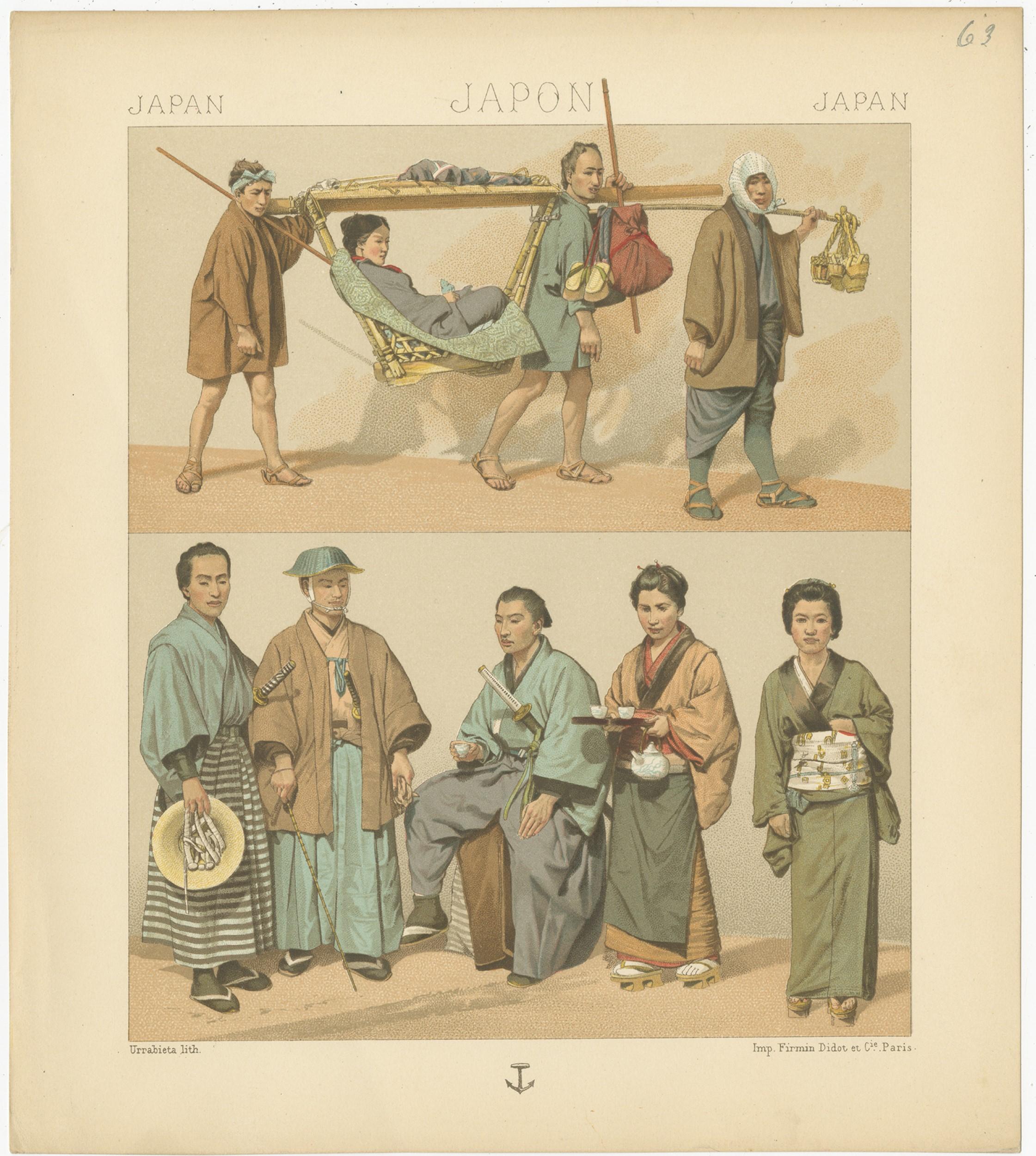Antique print titled 'Japan - Japon - Japan'. Chromolithograph of Japanese Costumes. This print originates from 'Le Costume Historique' by M.A. Racinet. Published, circa 1880.
