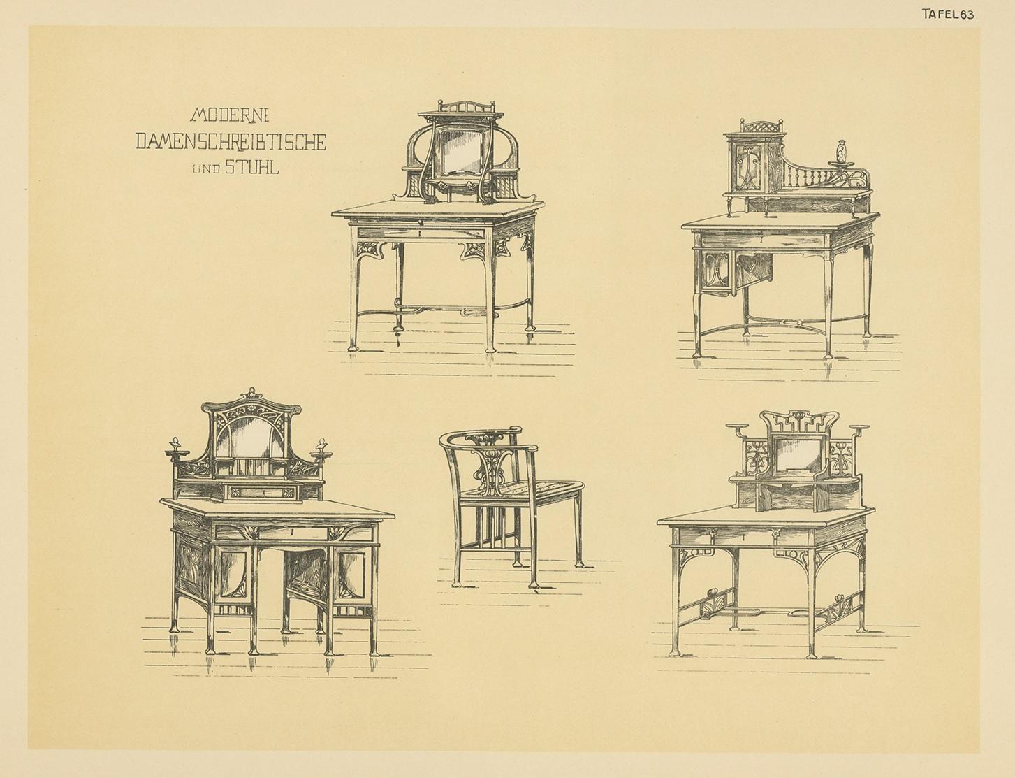 Antique print titled 'Moderne Damenschreibtische und Stuhl'. Lithograph of dining room furniture. This print originates from 'Det Moderna Hemmet' by Johannes Kramer. Published by Ferdinand Hey'l, circa 1910.