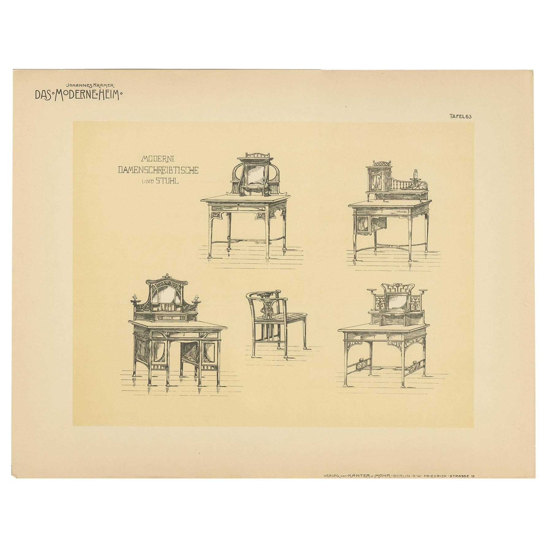 Pl. 63 Antique Print of Ladies Desks by Kramer, circa 1910 For Sale