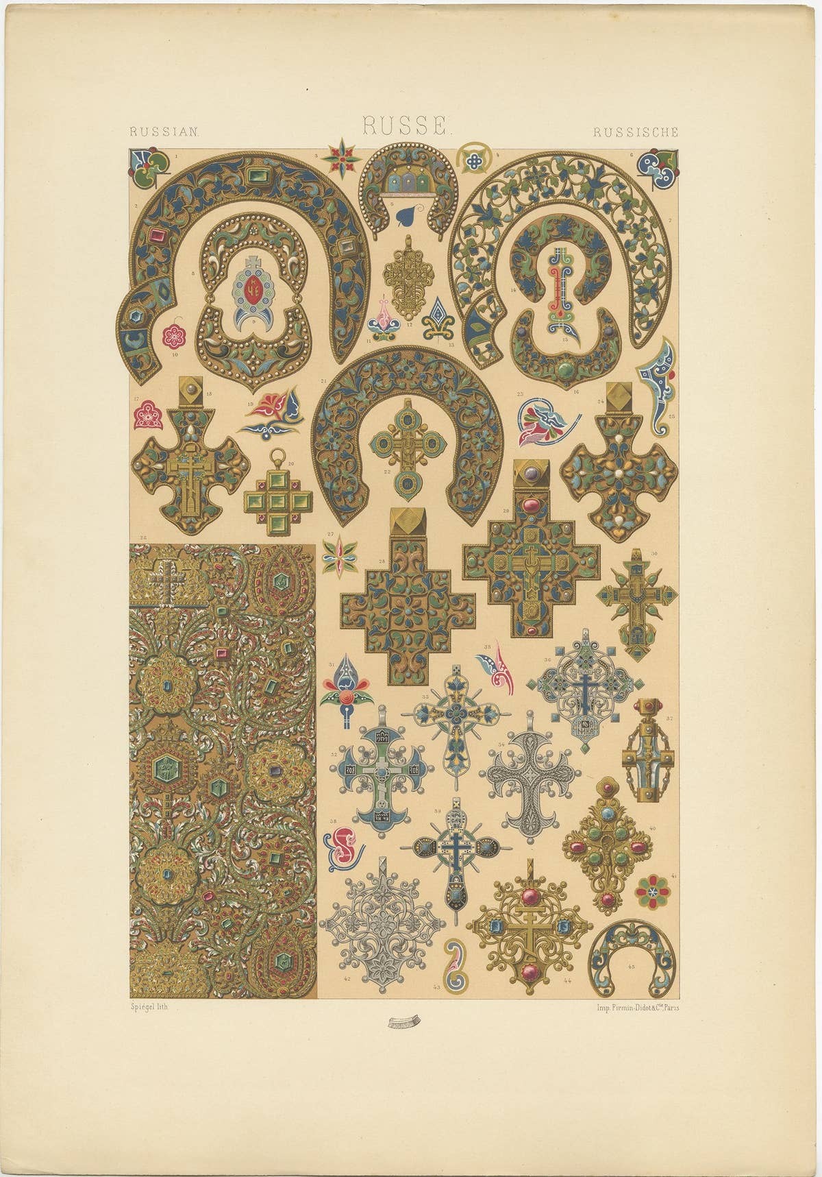 Pl. 63 Antique Print of Russian Gold and Jewelry by Racinet, 'circa 1890'