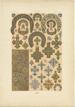 Pl. 63 Antiker Druck russischer Gold- und Schmuckstücke von Racinet, um 1890