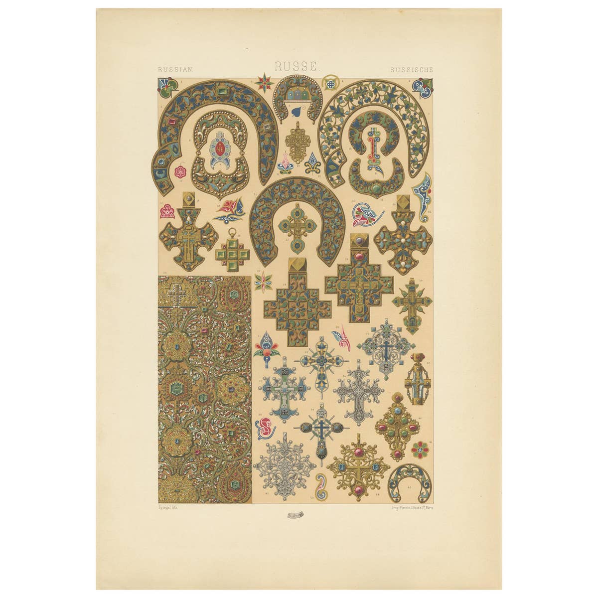 Pl. 63 Antique Print of Russian Gold and Jewelry by Racinet, 'circa 1890'