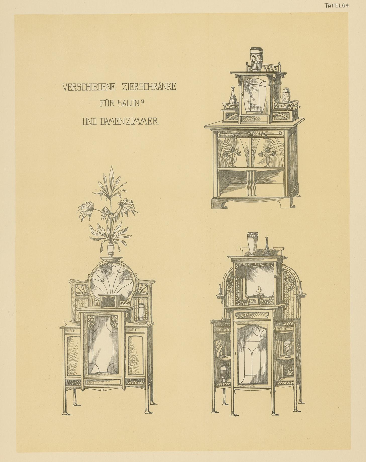 Antique print titled 'Verschiedene Zierschranke fur Salons und Damenzimmer'. Lithograph of decorative cabinets. This print originates from 'Det Moderna Hemmet' by Johannes Kramer. Published by Ferdinand Hey'l, circa 1910.