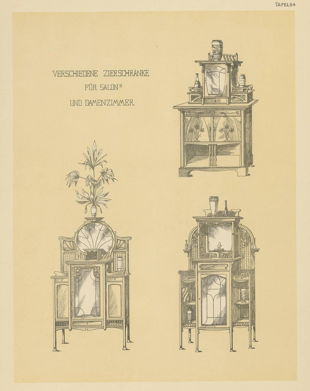 Pl 64 Antique Print of Decorative Cabinets by Kramer, 'circa 1910'