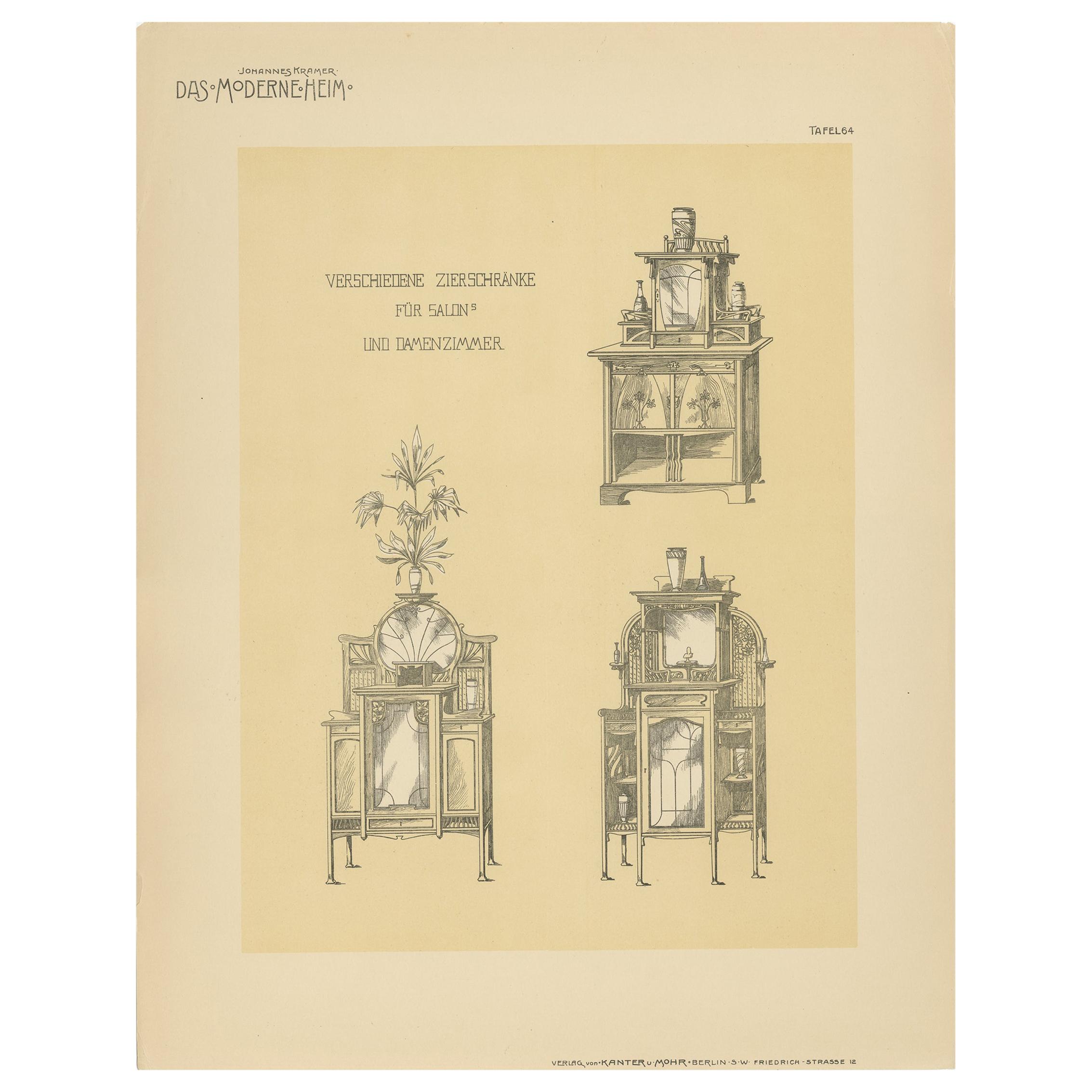 Pl 64 Antique Print of Decorative Cabinets by Kramer, 'circa 1910'