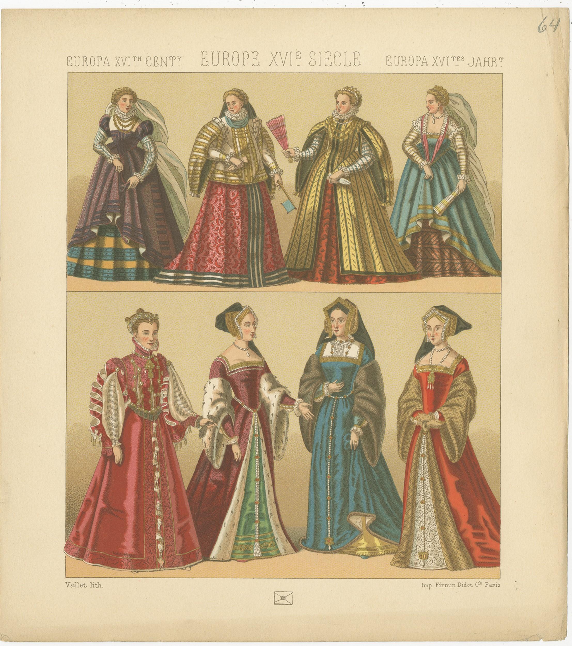 Antique print titled 'Europa XVI Cent - Europe XVIe Siecle - Europa XVItes Jahr'. Chromolithograph of European XVIth Century Costumes. This print originates from 'Le Costume Historique' by M.A. Racinet. Published, circa 1880.