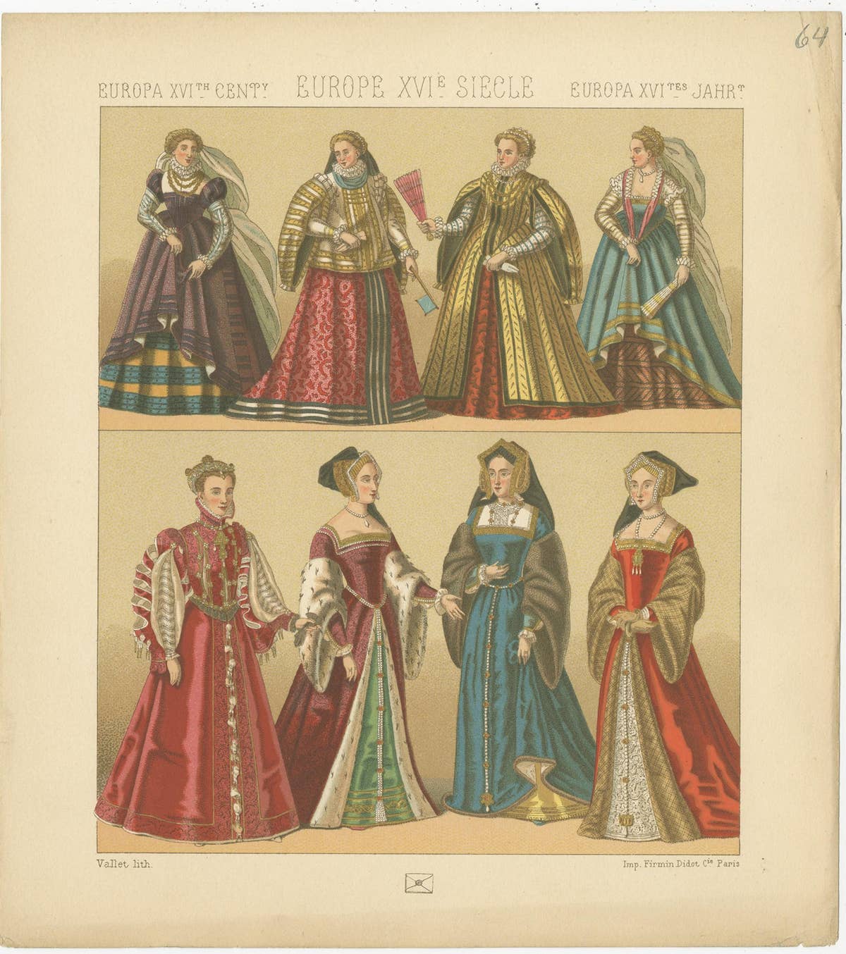 Pl. 64 Antique Print of European XVIth Century Costumes by Racinet, circa 1880