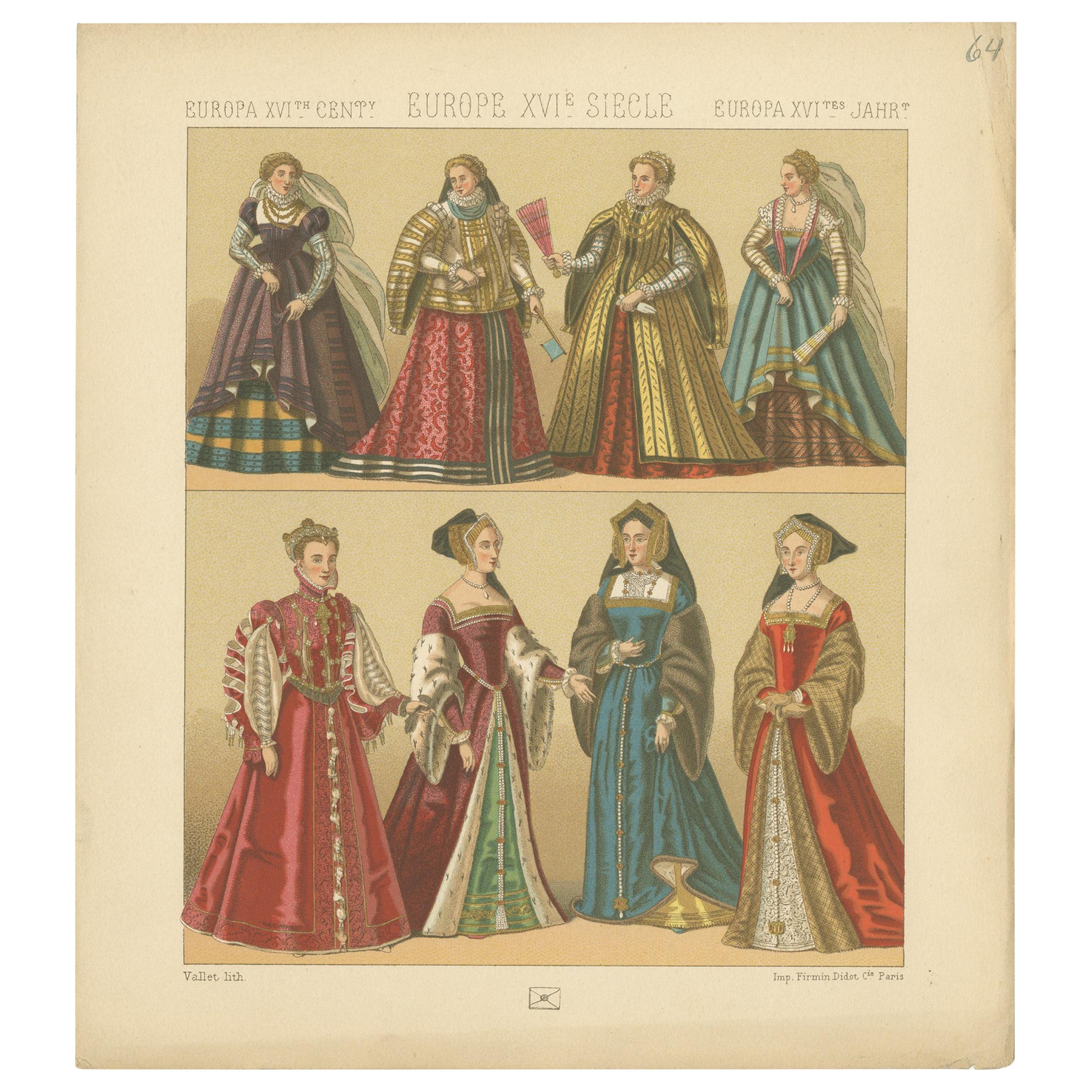 Pl. 64 Antique Print of European XVIth Century Costumes by Racinet, circa 1880 For Sale