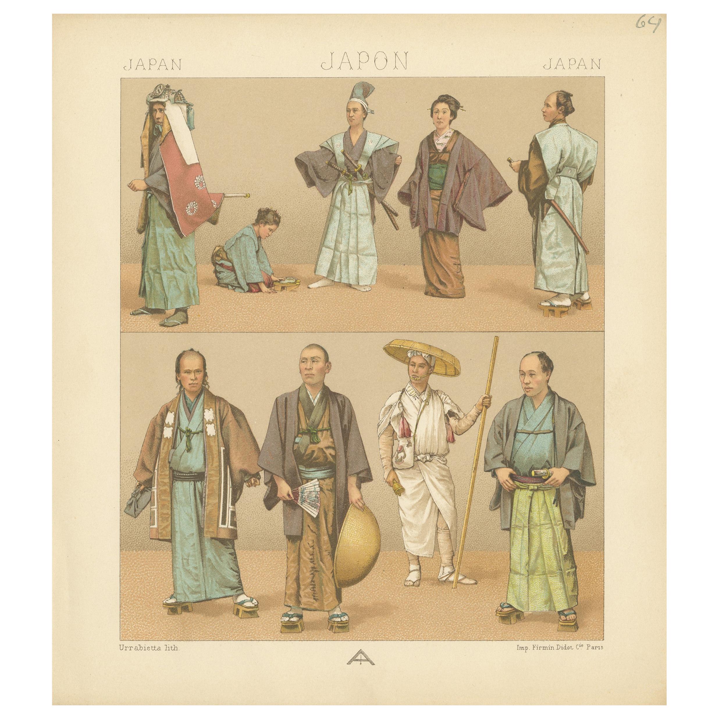 Pl. 64 Antique Print of Japanese Costumes by Racinet, 'circa 1880' For Sale