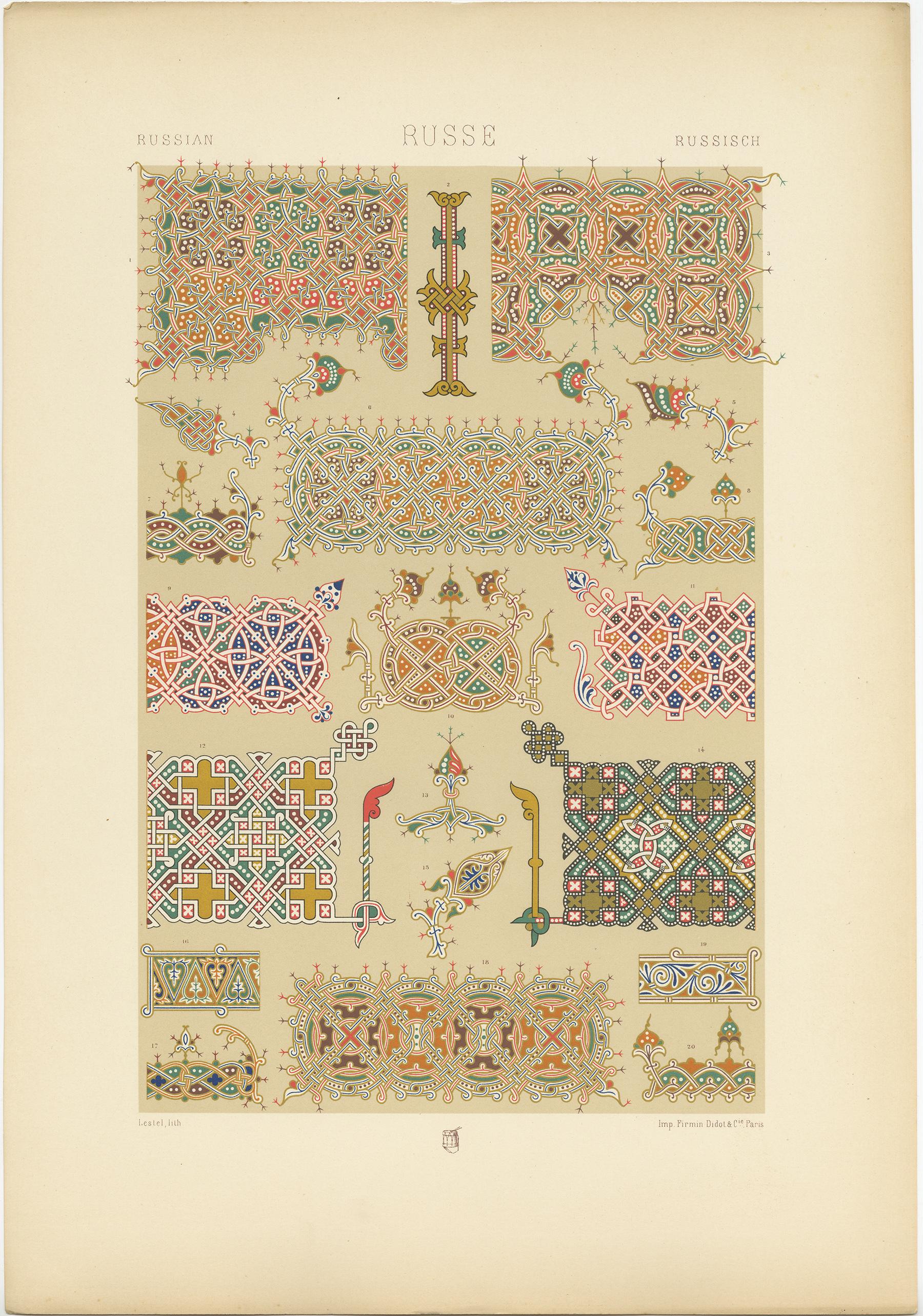 Antique print titled 'Russian - Russe - Russische'. Chromolithograph of interlace and other ornaments from 16th century manuscripts ornaments. This print originates from 'l'Ornement Polychrome' by Auguste Racinet. Published, circa 1890.