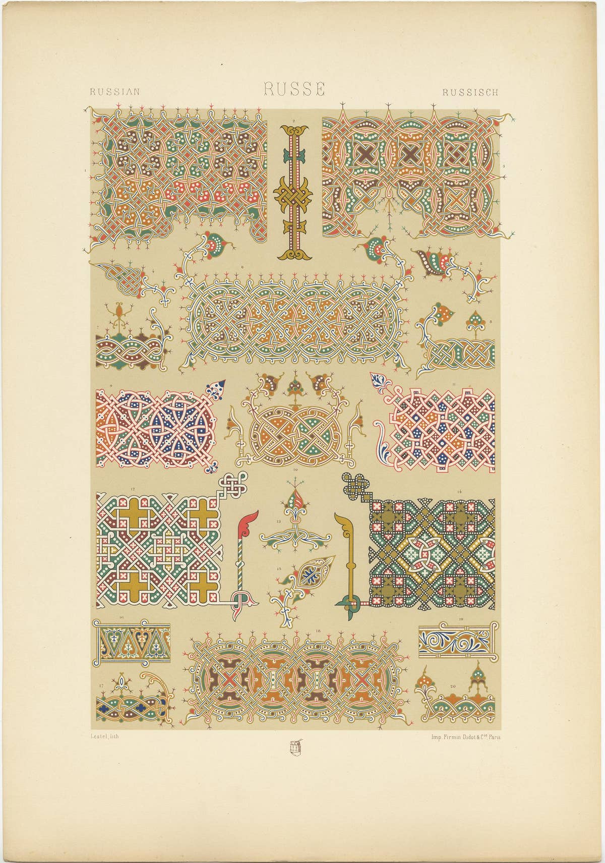Pl. 64 Antique Print of Russian Interlace & Other Ornaments, Racinet, circa 1890