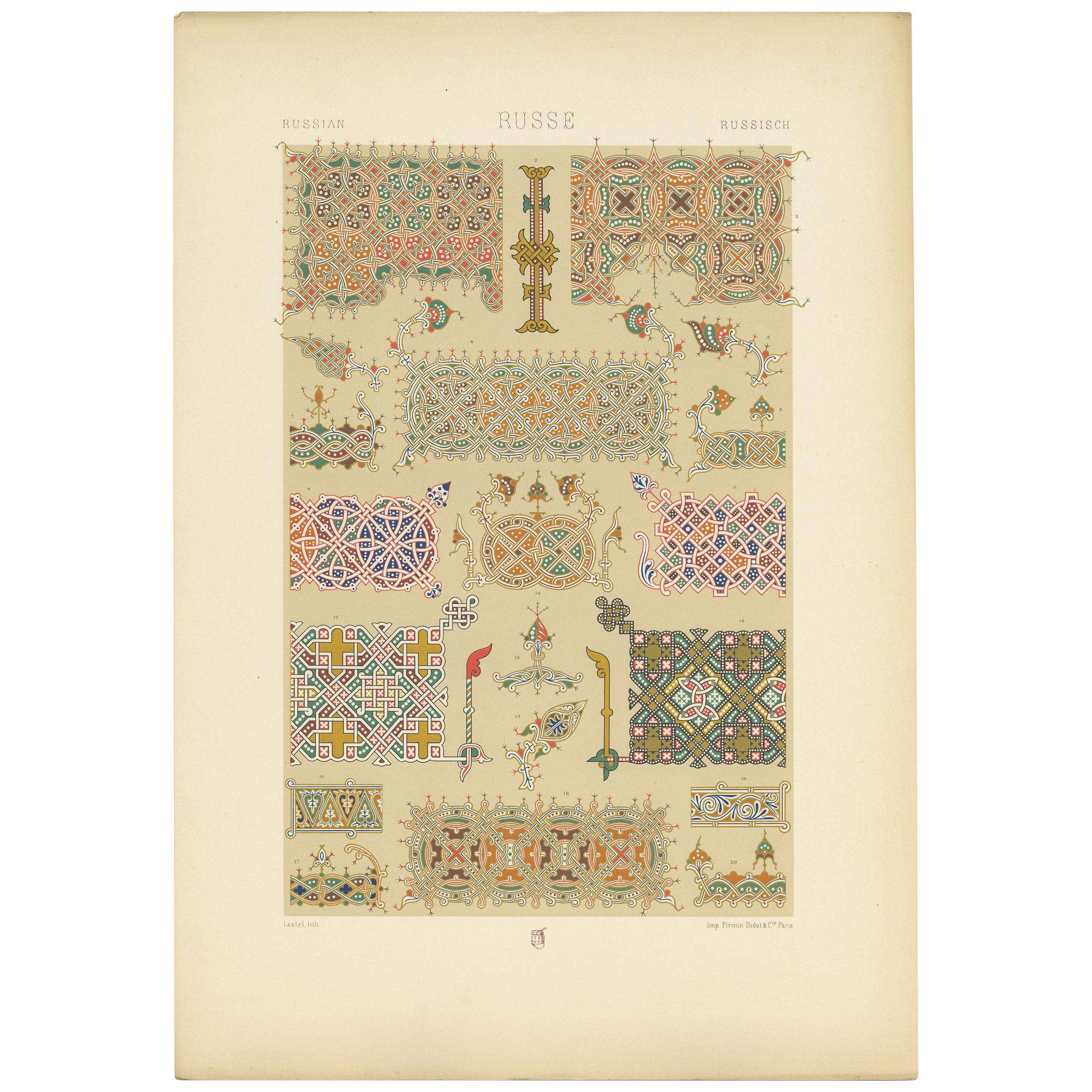 Pl. 64 Antique Print of Russian Interlace & Other Ornaments, Racinet, circa 1890 For Sale