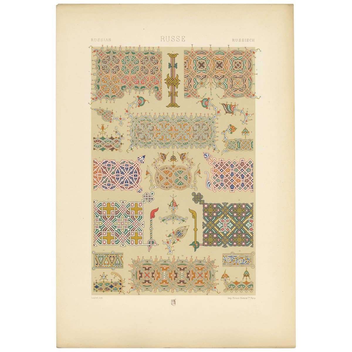 Pl. 64 Antique Print of Russian Interlace & Other Ornaments, Racinet, circa 1890