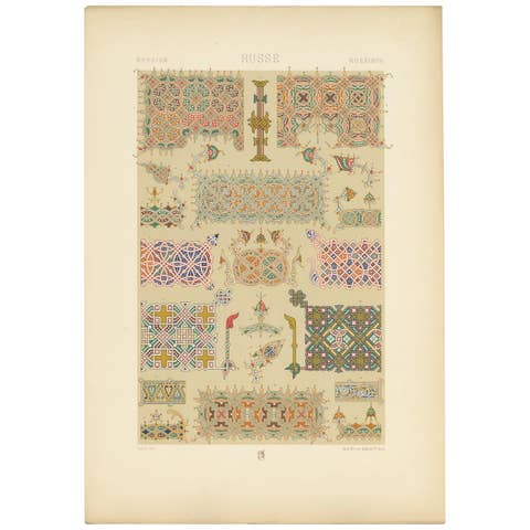 Pl. 64 Antique Print of Russian Interlace & Other Ornaments, Racinet, circa 1890