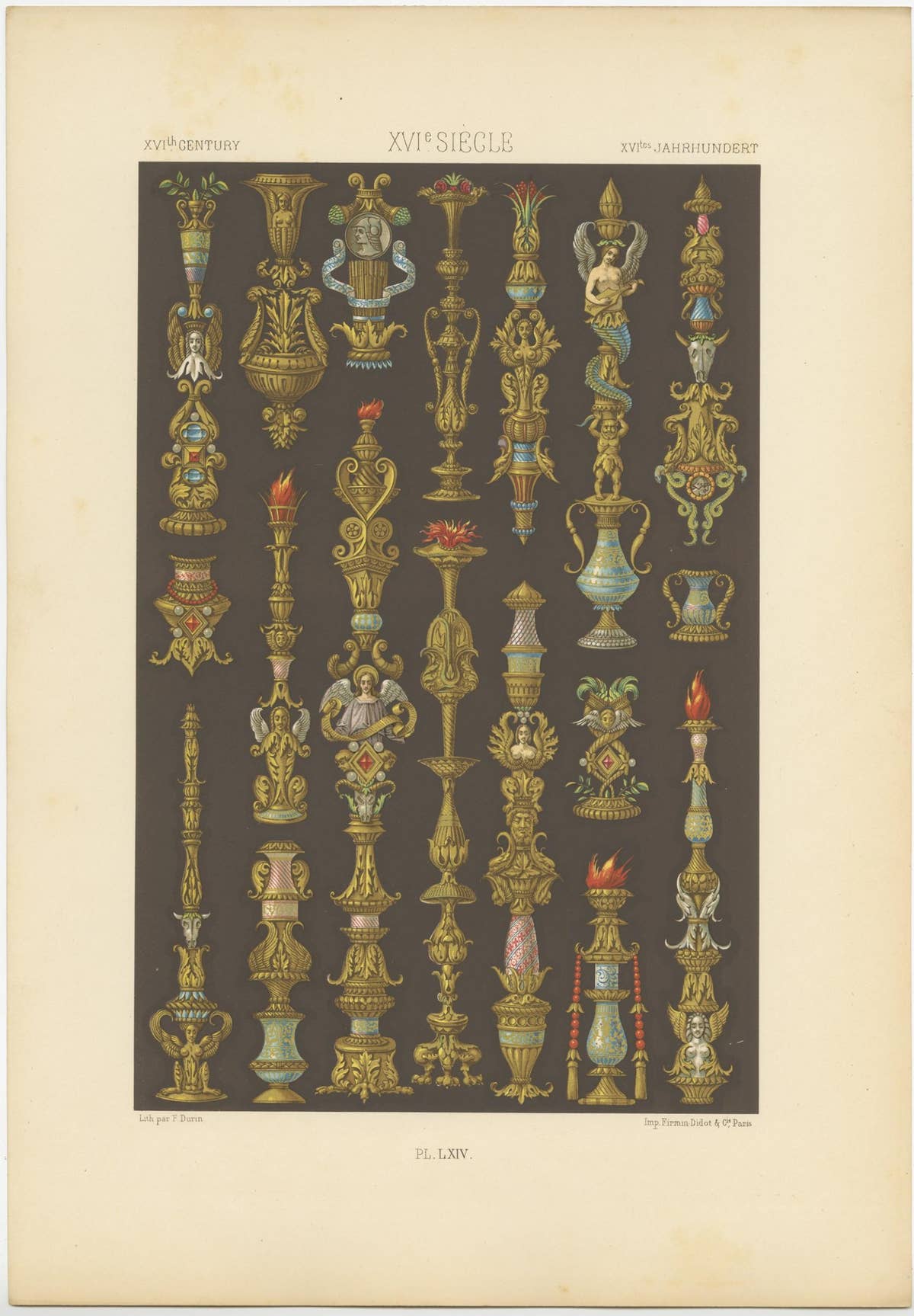 Pl. 64 Antique Print of XVIth Century Ornaments by Racinet (c.1890)