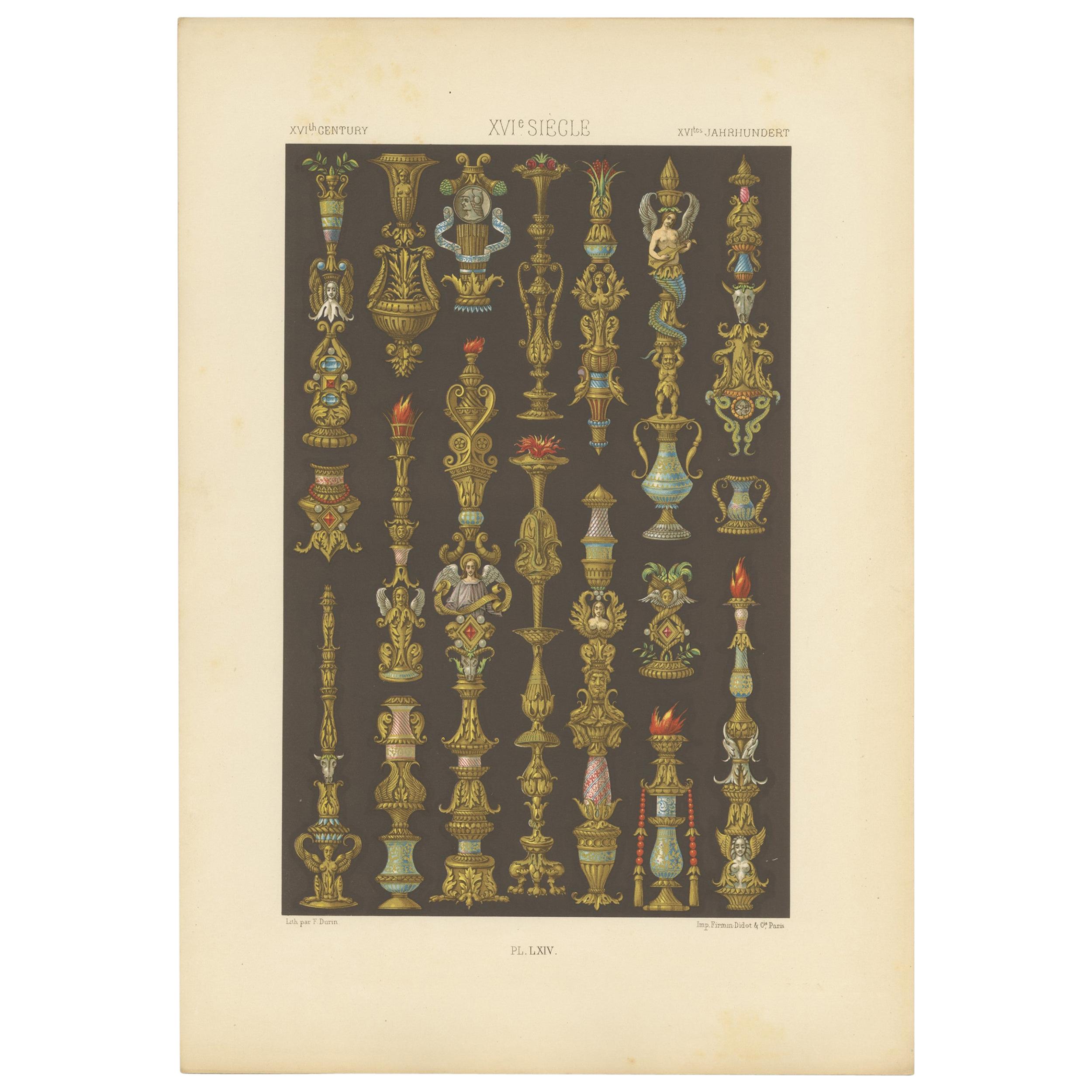 Pl. 64 Antique Print of XVIth Century Ornaments by Racinet (c.1890)