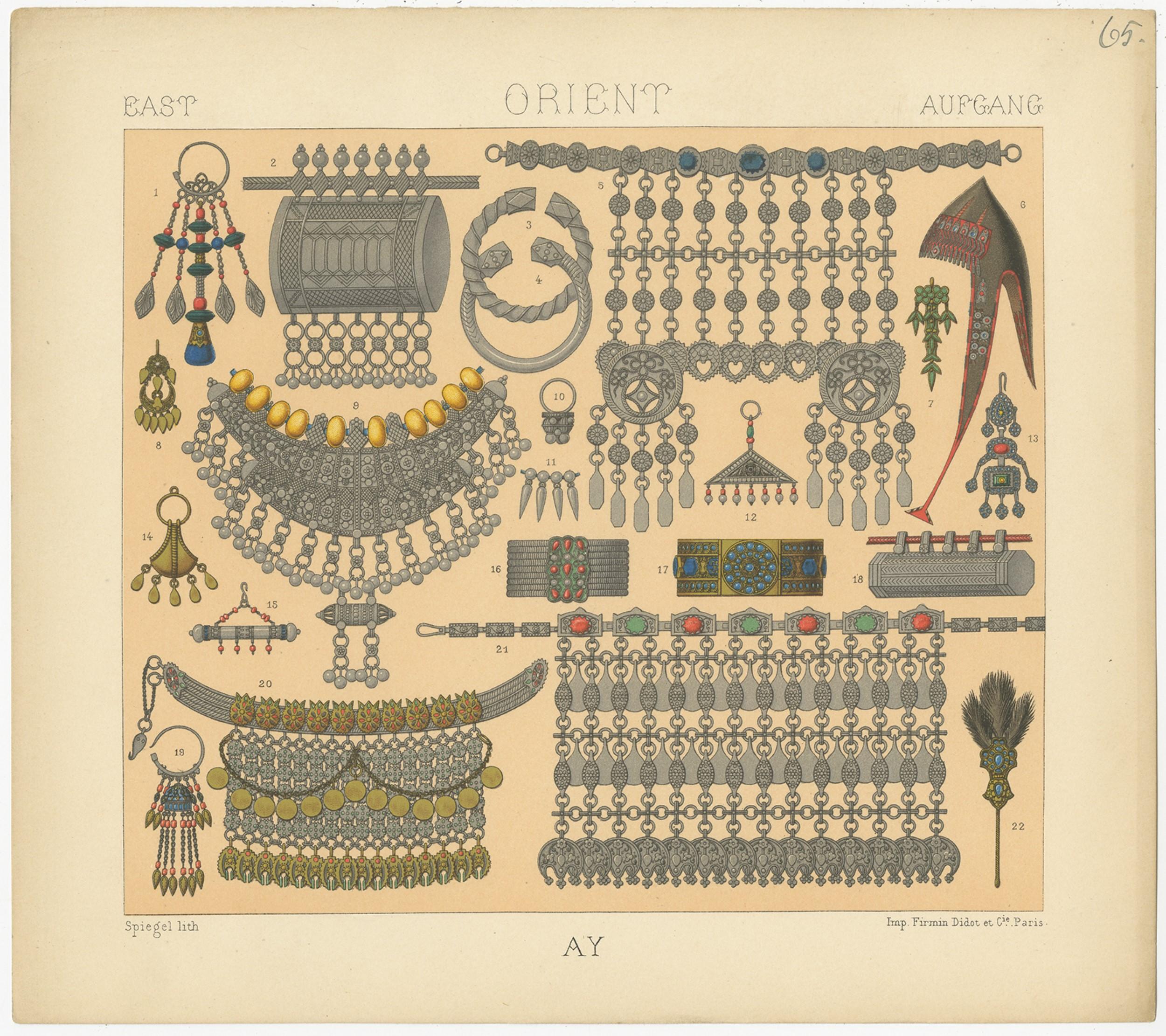 Antique print titled 'East - Orient - Aufgang'. Chromolithograph of Eastern Jewelry. This print originates from 'Le Costume Historique' by M.A. Racinet. Published, circa 1880.
