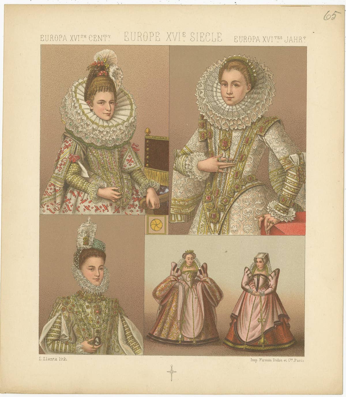 Pl. 65 Antique Print of European XVIth Century Costumes by Racinet 'circa 1880'