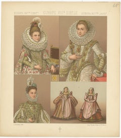 Pl. 65 Antique Print of European XVIth Century Costumes by Racinet 'circa 1880'