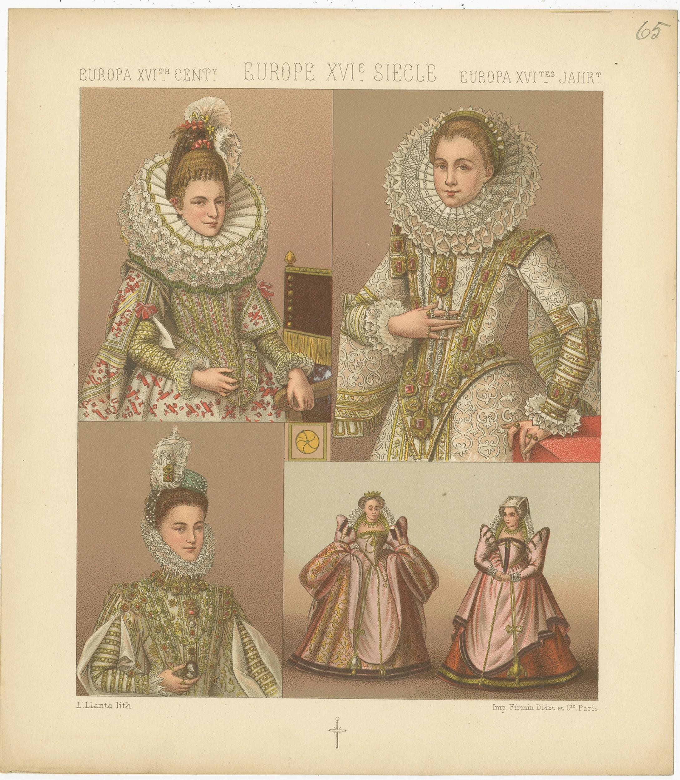 Pl. 65 Antique Print of European XVIth Century Costumes by Racinet 'circa 1880' In Good Condition For Sale In Langweer, NL