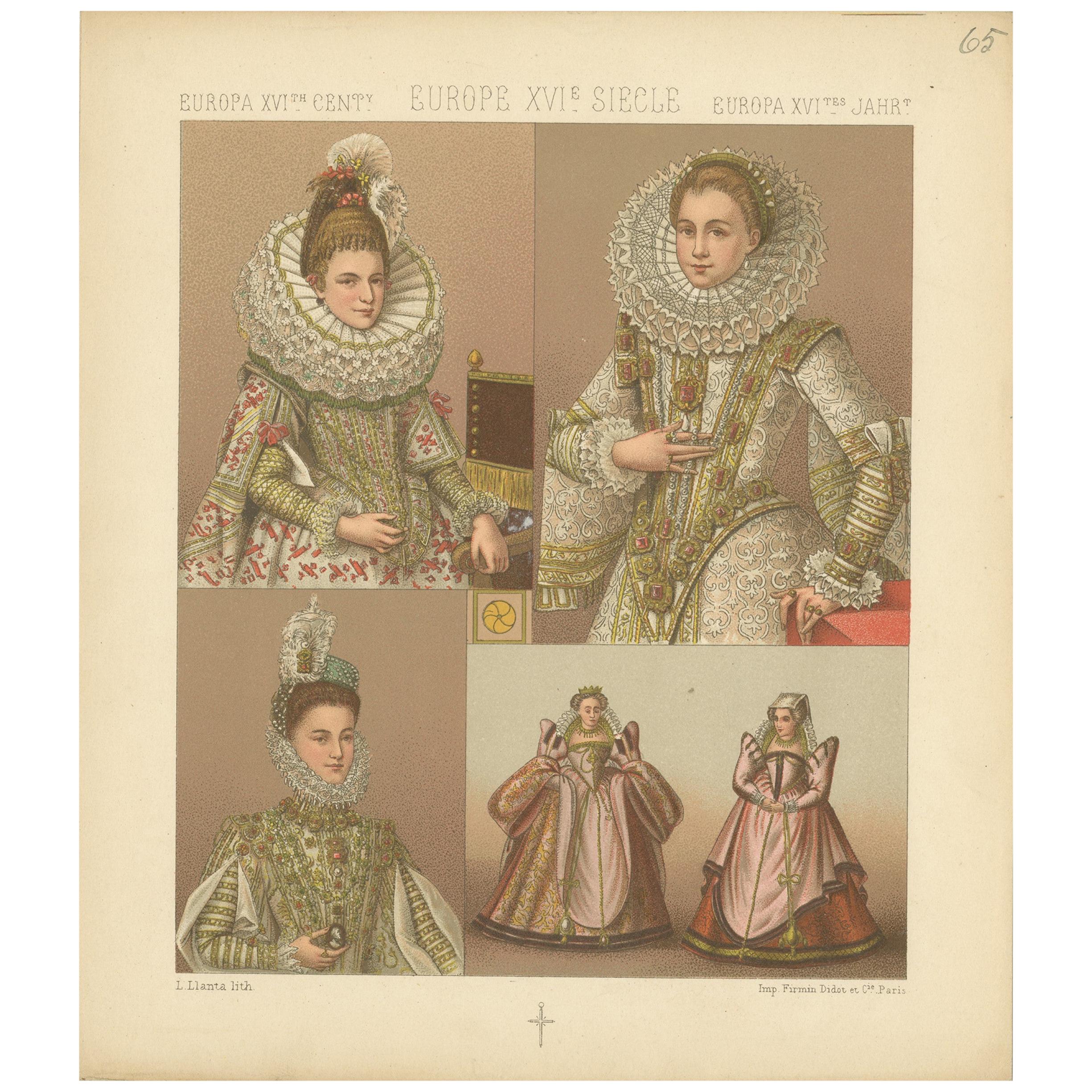 Pl. 65 Antique Print of European XVIth Century Costumes by Racinet 'circa 1880' For Sale
