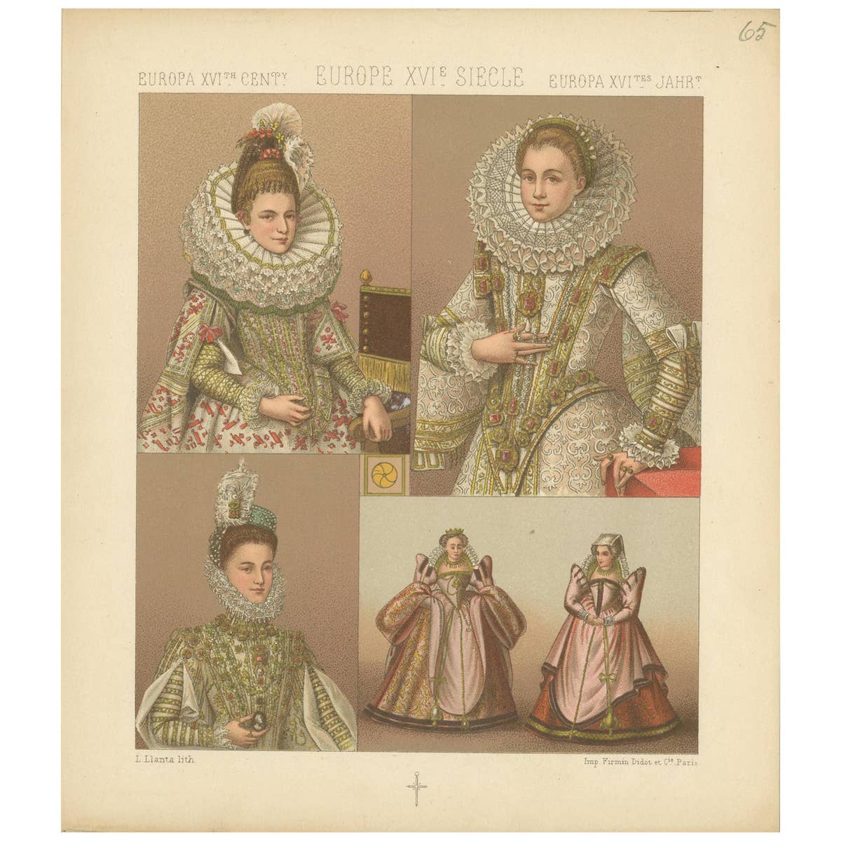 Pl. 65 Antique Print of European XVIth Century Costumes by Racinet 'circa 1880'