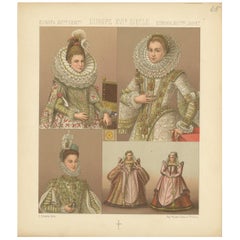 Pl. 65 Antique Print of European XVIth Century Costumes by Racinet 'circa 1880'